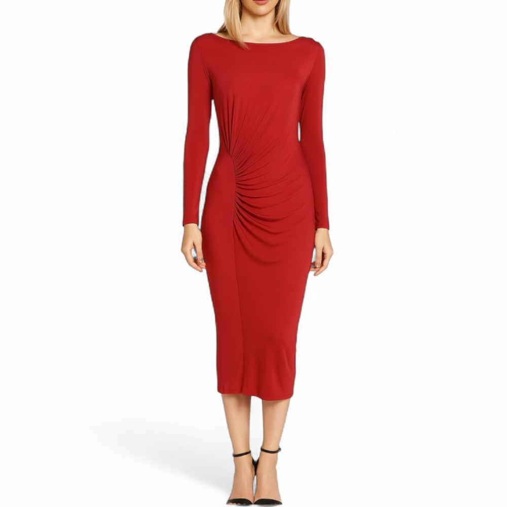 Kim Kardashian Dress Bodycon Sexy Date Nigjt Size M Red Long Sleeve Side Ruching